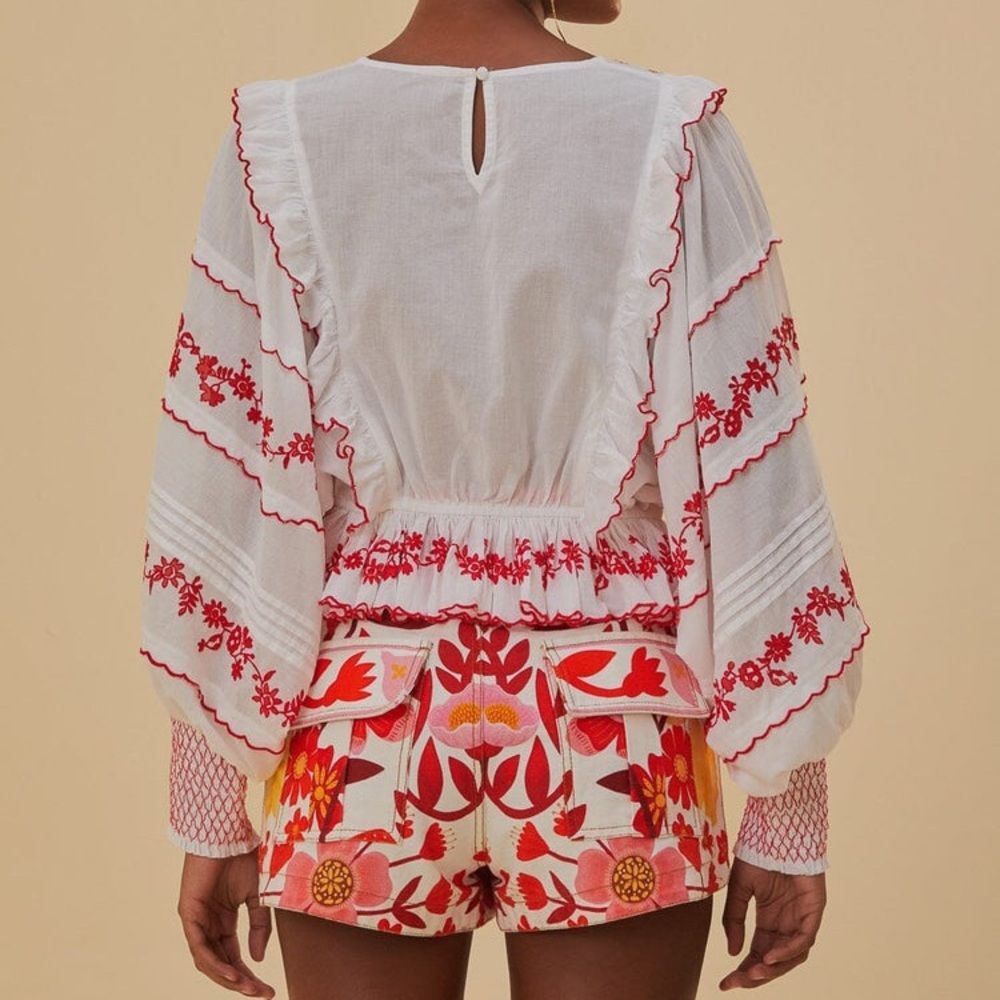 NEW FARM Rio Off-White with Red Embroidered Long Sleeve Blouse Cotton Size XXS - Picture 7 of 16